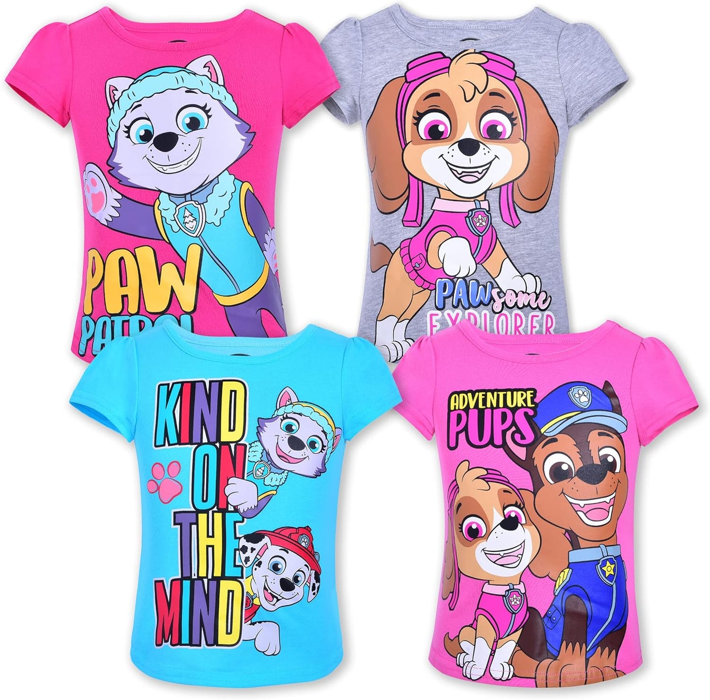 Paw Patrol Nickelodeon Skye and Everest Girls? Short Sleeve Shirt 4 Pack for Toddler and Little Kids ? Blue/Purple/Pink/Red