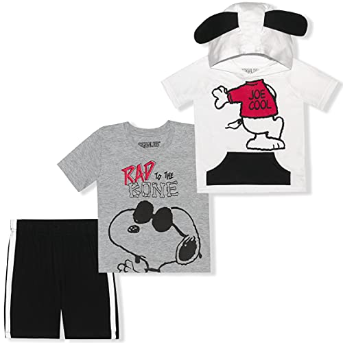 Peanuts Snoopy Boys’ 3 Piece Short Sleeve T-Shirt, Hooded Short Sleeve T-Shirt and Shorts Set for Infant and Toddler