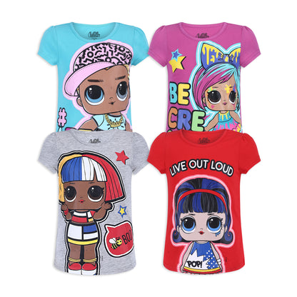 L.O.L. Surprise! Dolls Girls’ Short Sleeve Shirt 4 Pack for Little and Big Kids – Grey/Pink/Red/Blue