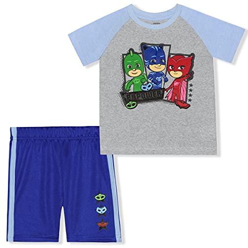 PJ Masks Catboy, Owlette and Gekko Boys’ T-Shirt and Shorts Set for Toddler and Little Kids – Blue/Grey