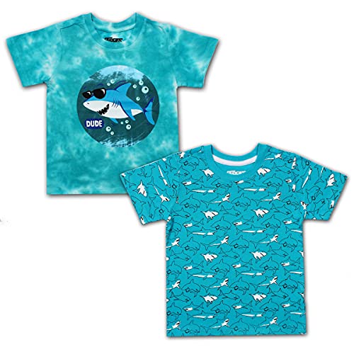 10 Threads Dino and Shark Boys 2 Pack T-Shirts for Toddler and Little Kid – Blue/Green/Grey