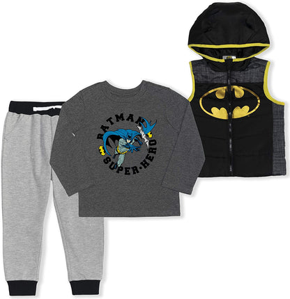 Warner Bros DC Comics Batman Boys Long Sleeve Shirt, Vest and Jogger Pants Set for Toddler - Black/Grey/Yellow