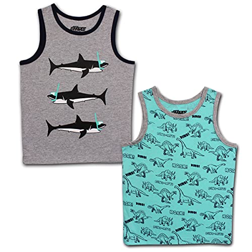 10 Threads Dino and Shark Boys 2 Pack Tank Tops for Toddler and Little Kids – Yellow/Grey/White/Blue