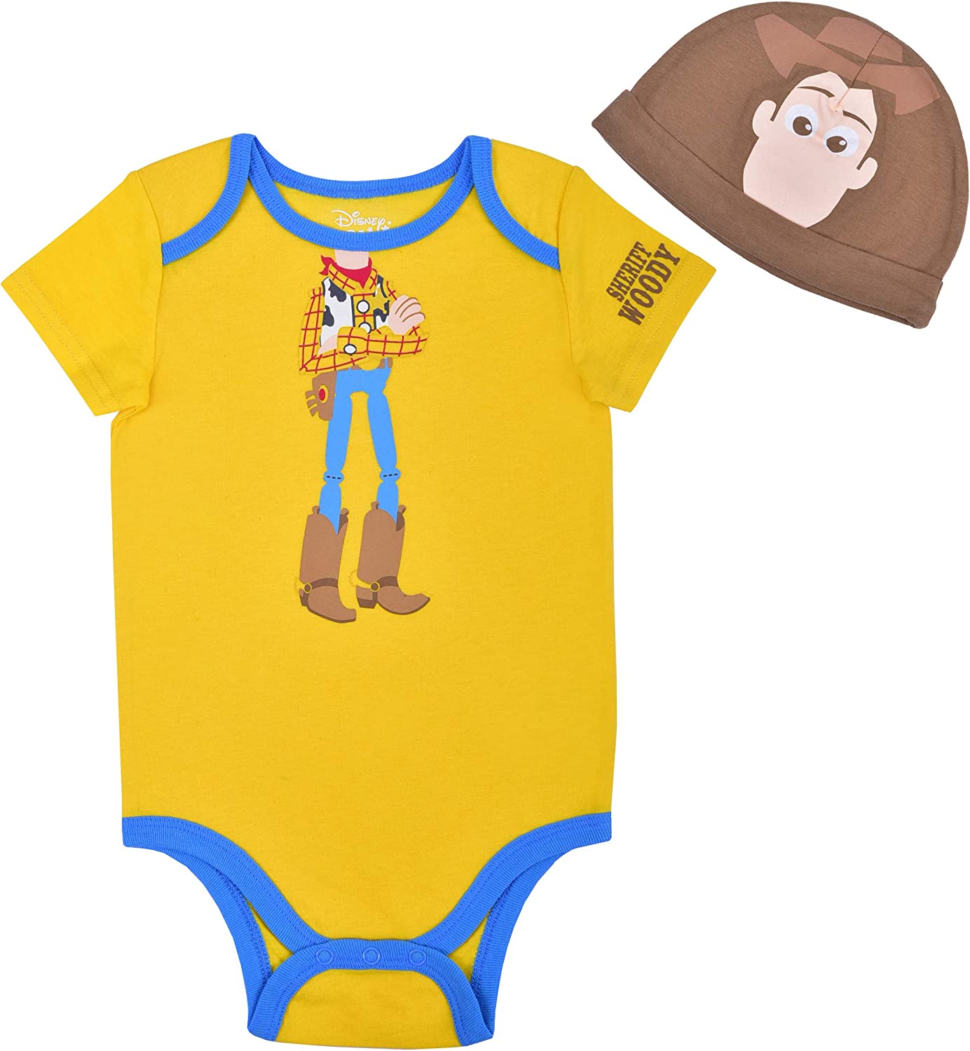 Disney Toy Story Woody and Buzz Boys’ Costume Bodysuit and Cap Set for Newborn and Infant – Blue/Green or Yellow/Brown