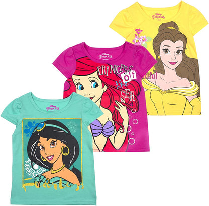 Disney Princess Girls Belle, Ariel and Jasmine 3 Pack T-Shirts for Toddler, Little and Big Girls - Pink/Yellow/Green