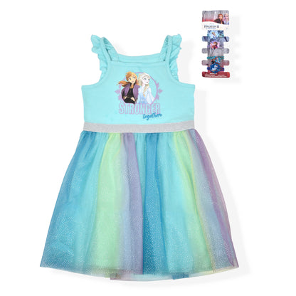 Disney Frozen Elsa and Anna Girls’ Sleeveless Dress Tutu and 4 Ponytail Hair Ties for Little Kids - Blue