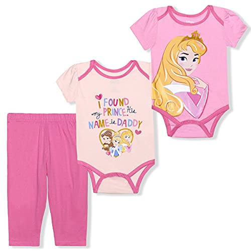 Disney Princess Aurora, Cinderella and Belle Girls’ Short Sleeve Bodysuits and Legging Set for Newborn and Infant – Pink