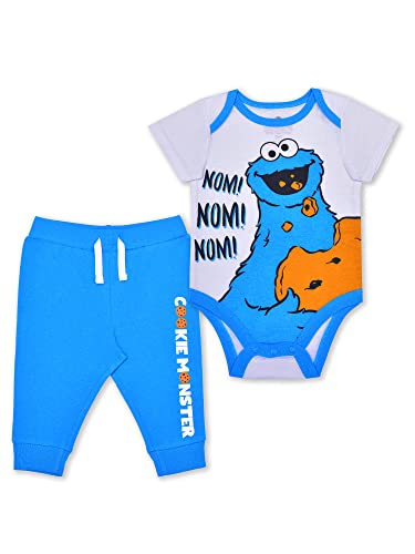 Sesame Street Boys’ Cookie Monster Bodysuit and Jogger Set for Newborn and Infant – Blue/White