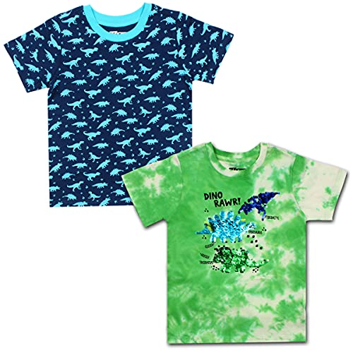 10 Threads Dino and Shark Boys 2 Pack T-Shirts for Toddler and Little Kid – Blue/Green/Grey