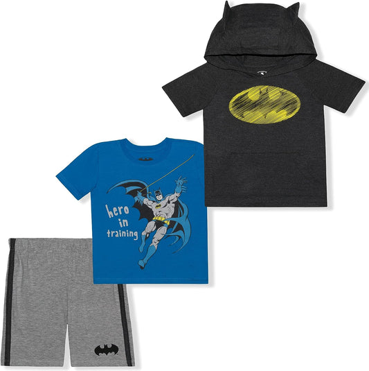 BATMAN DC Comics Boys Hooded T-Shirt, T-Shirt and Short Set for Toddler and Little Kids ? Blue/Black/Grey