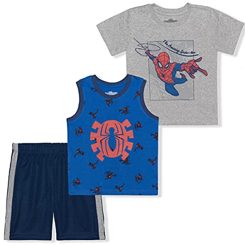 Marvel Spiderman Boys’ Tee, Tank Top and Short Set for Toddler and Little Boy – Red/Blue/Black/Orange/White/Gray