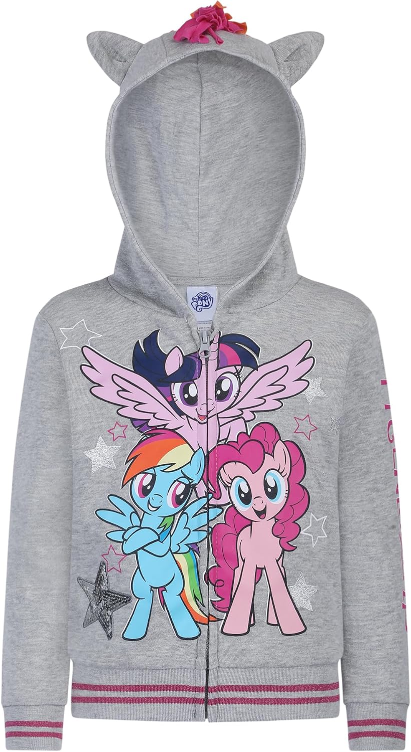 My Little Pony Rainbow Dash, Twilight Sparkle and Pinkie Pie Girls Zip Up Hoodie for Toddlers and Big Kids - Grey