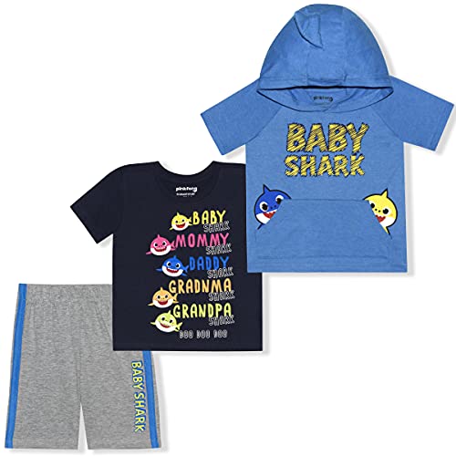 Nickelodeon Baby Shark Boys’ Hooded T-Shirt, T-Shirt and Short Set for Toddler –Blue/Black/Grey