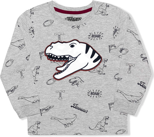 10THREADS Boys’ Dinosaur Long Sleeve Shirt for Toddler and Little Kids – Black or Grey or White