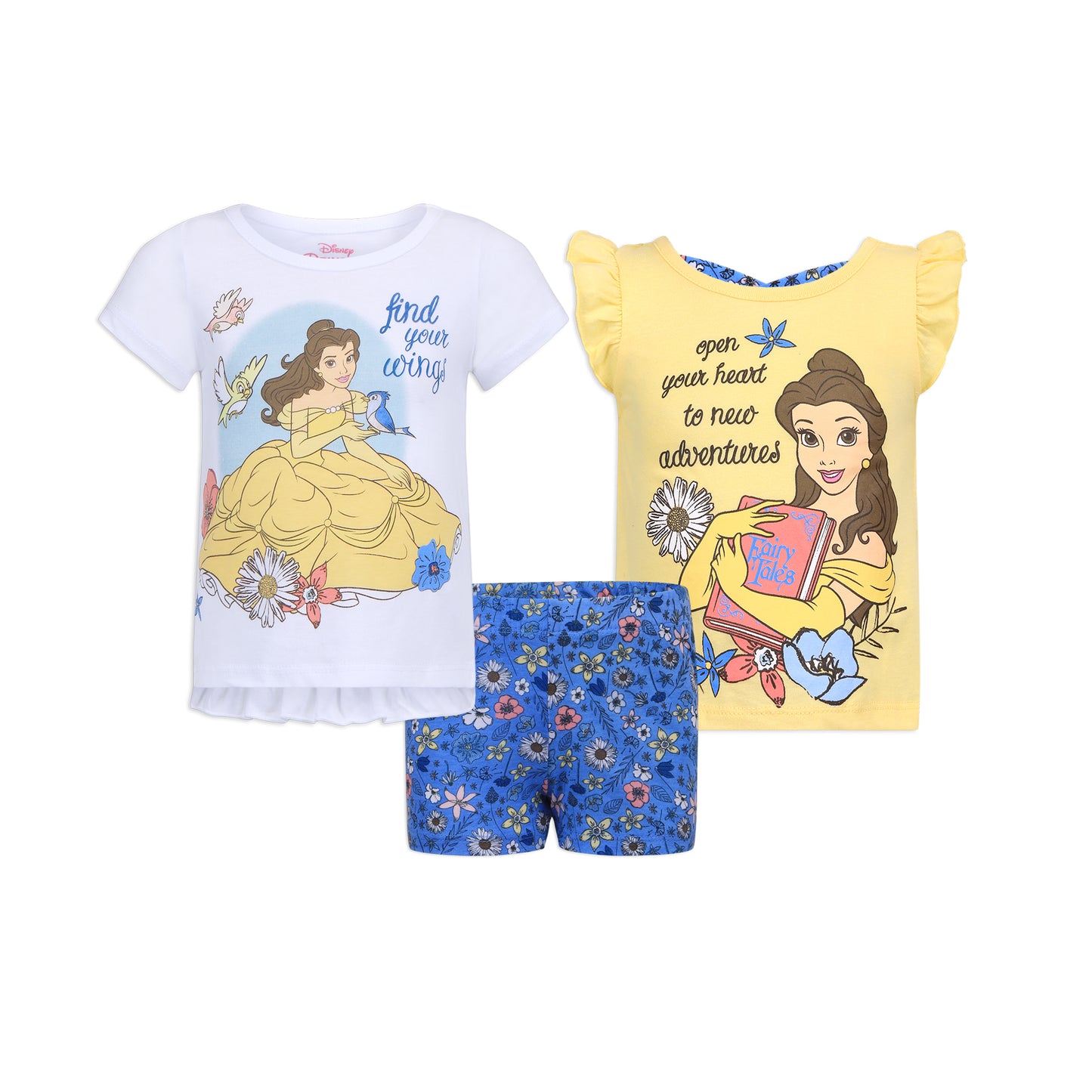 Disney Princess Belle Girls 3 Piece Shirts and Short Set for Infant, Toddler and Little Girls - Yellow/Blue/White