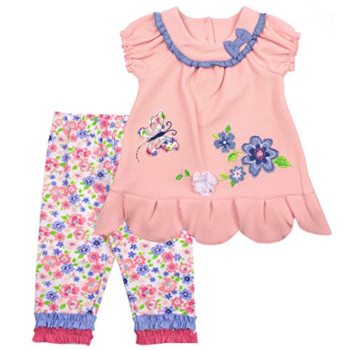 Nanette Girls 2-Piece Leggings and Shirt Set with Wide Variety of Flowers, Butterfly, and Animals Peach