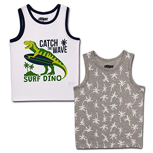 10 Threads Dino and Shark Boys 2 Pack Tank Tops for Toddler and Little Kids – Yellow/Grey/White/Blue