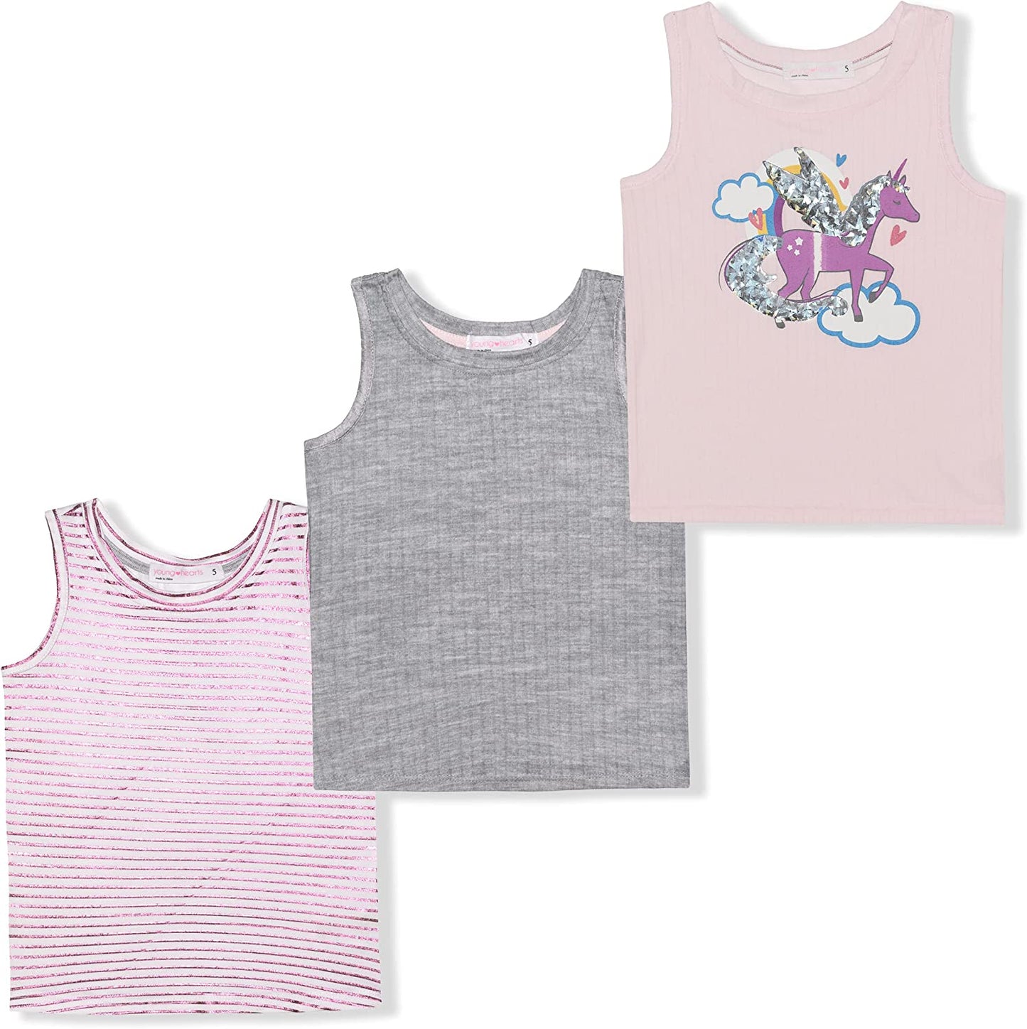 Young Hearts Magical Unicorn Girls’ 3 Pack Tank Top for Toddler, Little and Big Kids – Pink/Grey