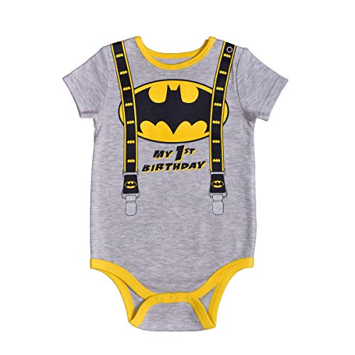 DC Comics Batman Boys First Birthday Short Sleeve Bodysuit Creeper for Infants – Grey