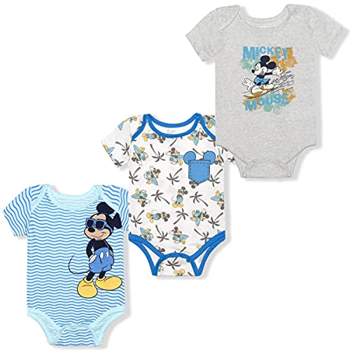 Disney Mickey Mouse Boys 3 Pack Short Sleeve Bodysuit for Newborn – Blue/White/Grey