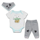 Star Wars Baby Yoda Boys’ Bodysuit, Jogger and Bib Set for Newborn – White/Grey