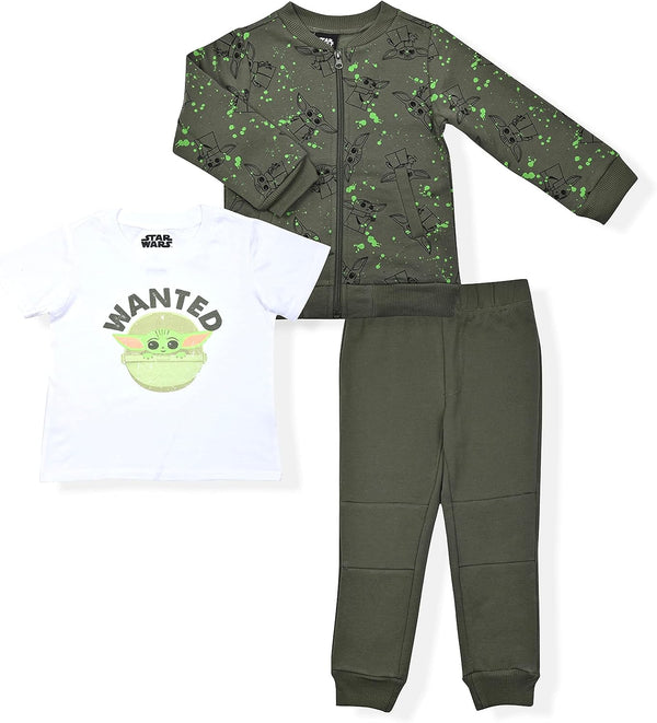 STAR WARS Baby Yoda Boys? Zip Up Jacket, T-Shirt and Jogger Set for Toddler and Little Kids ? Green/White