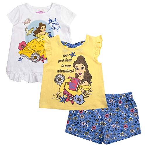 Disney Princess Belle Girls 3 Piece Shirts and Short Set for Infant, Toddler and Little Girls - Yellow/Blue/White