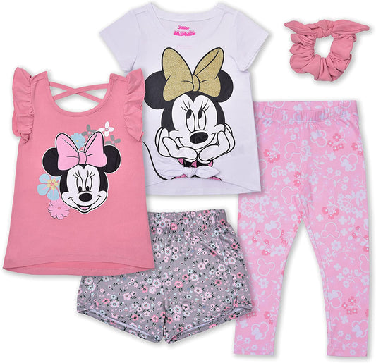 Disney Minnie Mouse Girls’ Tank Top, T-Shirt, Short, Legging and Scrunchie Set for Toddler and Little Kids