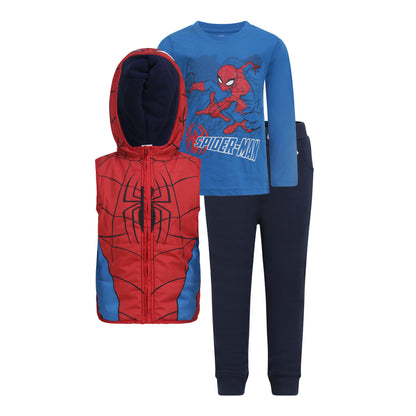 Marvel Spiderman Boys Hooded Vest, Long Sleeve T-Shirt and Jogger Pants Set for Toddler and Little Kids – Blue/Red/Navy