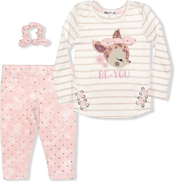 Nannette Girls? Long Sleeve T-Shirt, Legging and Scrunchie Set for Little Kids ? Pink/White