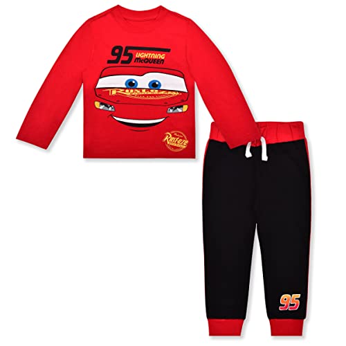 Disney Cars Boys’ Long Sleeve Shirt Costume and Jogger Set for Toddler and Little Kids – Red/Black