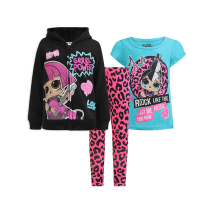 L.O.L. Surprise! Dolls Girls’ Zip Up Hoodie, T-Shirt and Legging Set for Little and Big Kids – Pink/Blue/Black