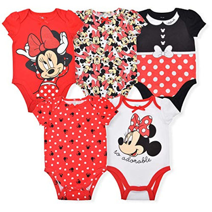 Disney Minnie Mouse Girls’ 5 Pack Bodysuits for Newborn and Infant – Red/White/Black