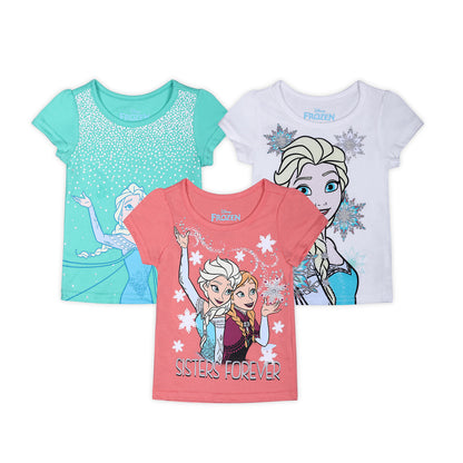 Disney Frozen Girls 3 Pack T-Shirts for Toddler, Little and Big Girls - Pink/Green/White