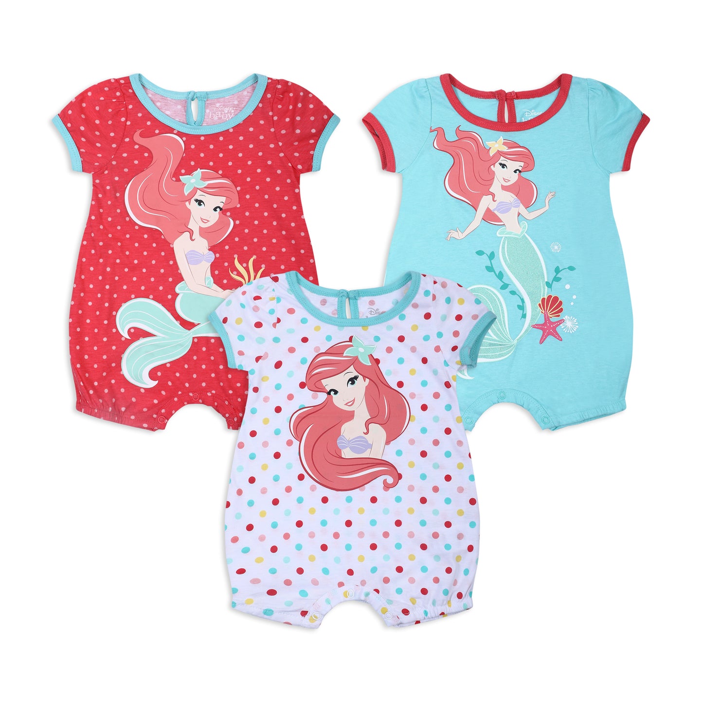 Disney Princess Girls’ Ariel The Little Mermaid 3 Pack Rompers for Newborn and Infant – White/Red/Blue