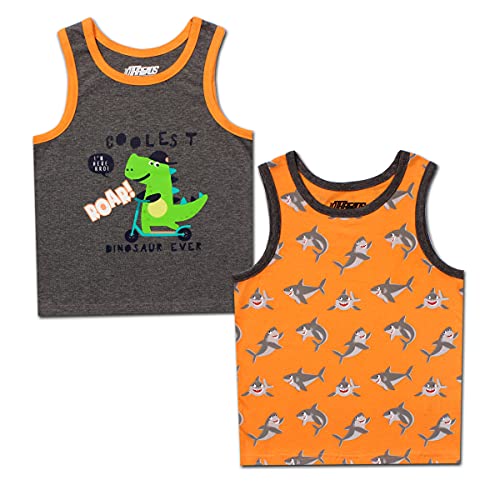 10 Threads Dino and Shark Boys 2 Pack Tank Tops for Toddler and Little Kids – Yellow/Grey/White/Blue