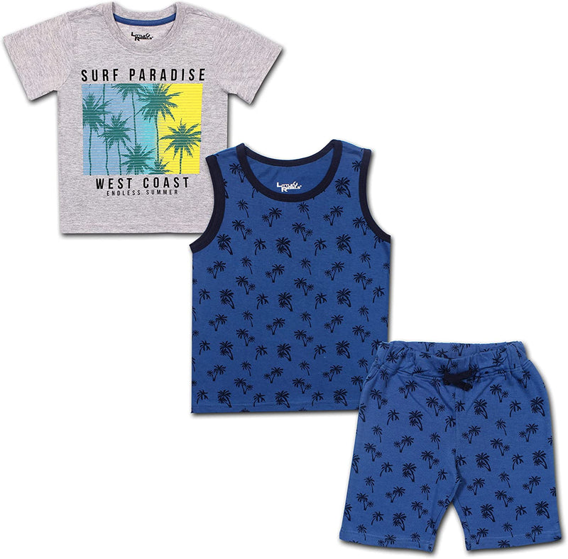 Little Rebels Boy's 3-Pack Surf Paradise Tee, Sleeveless Shirt and Short Set, Grey, Size 2T