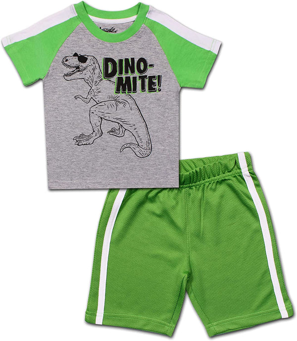 Little Rebels Boy's 2-Piece Dino-mite Tee Shirt and Taped Short Set, Grey/Green, Size 4