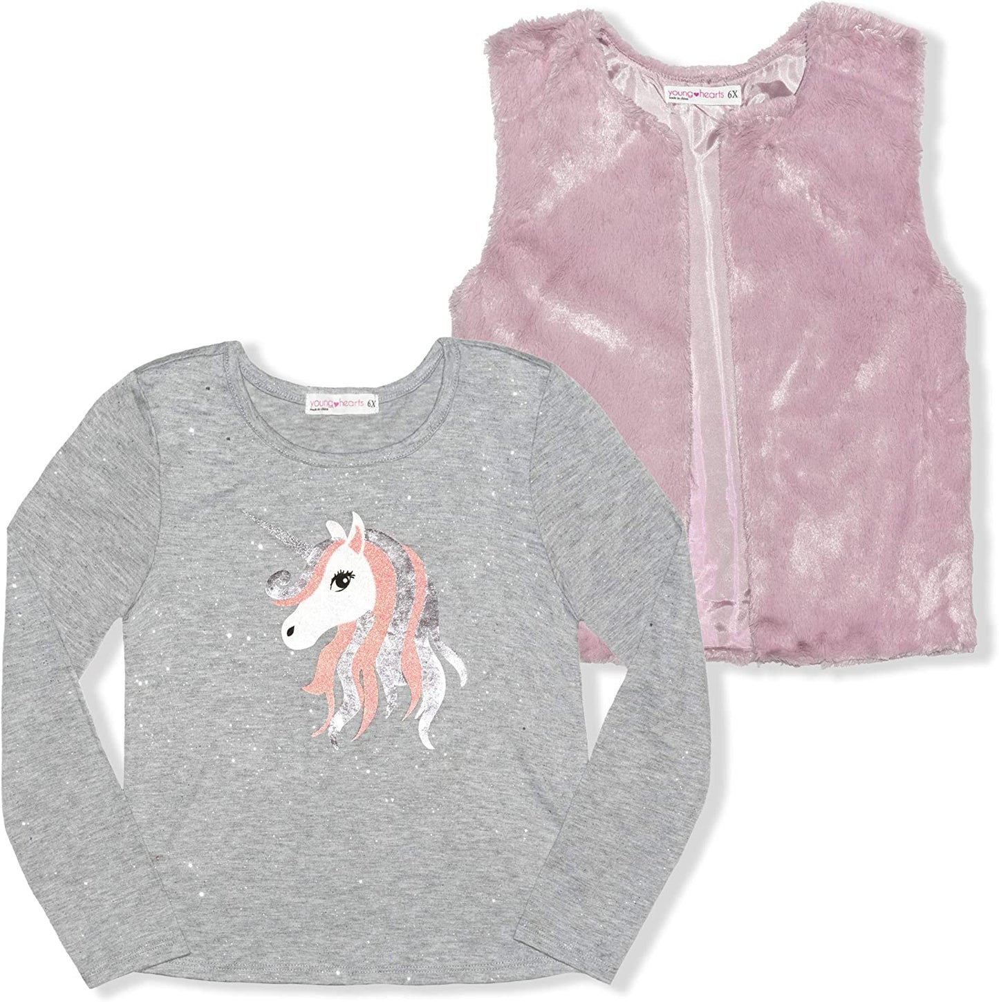 Young Hearts Unicorns Girls’ Long Sleeve T-Shirt and Vest Set for Little Kids – Red/Silver or Pink/Grey