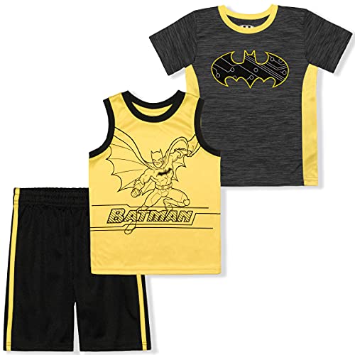 DC Comics Boys’ Batman T-Shirt, Tank Top and Short Set for Toddler and Little Kids – Blue/Black/Grey or Yellow/Gray/Black