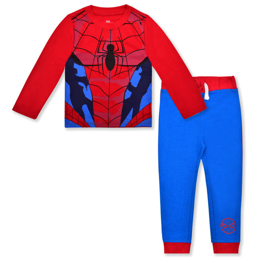 Marvel Spiderman Boys’ Long Sleeve Shirt and Jogger Pant Set for Toddlers – Red/Blue