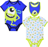 Disney Mickey Mouse Boys’ 2 Pack Bodysuits with Bib for Newborn and Infant –Orange/Navy/Grey