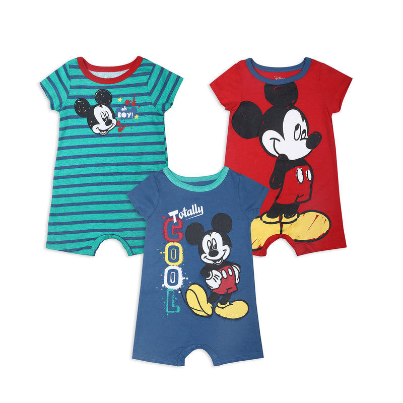 Disney Mickey Mouse Boys’ Short Sleeve Rompers 3 Pack for Newborn and Infant – Blue/Red