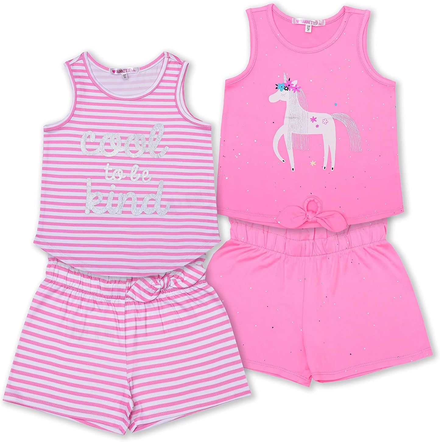 Nannette Girl's 4 Pack Sleeveless Shirts and Shorts Set for Kids, Matching Summer Bundle, Pink