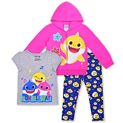 Baby Shark Nickelodeon Girl 3 Piece T-Shirt, Zip Up Hoodie and Leggings Set for Toddler and Little Kids - Pink/Blue/Grey