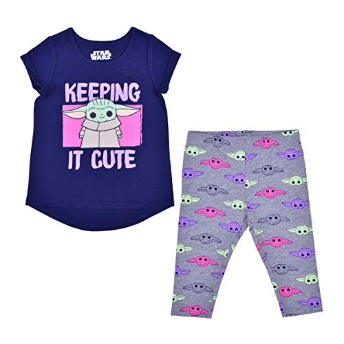 Star Wars The Mandalorian Baby Yoda Girls T-Shirt and Leggings Matching Outfit for Toddler and Little Kids – Navy/Grey