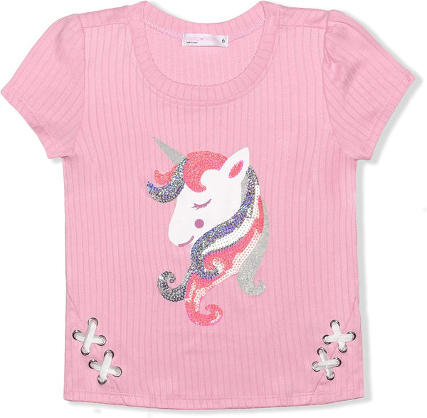 Young Hearts Girls? Unicorn T-Shirt, Long Sleeve Shirt and Scrunchie for Toddler, Little and Big Kids ? Pink/White