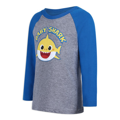 Nickelodeon Baby Shark Boy's Pullover Graphic Tee with Raglan Long Sleeves, Blue/ Grey