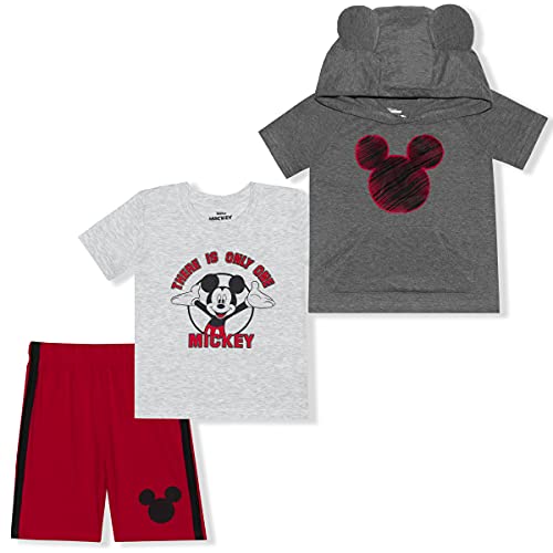 Disney Mickey Mouse Boys’ Hooded T-Shirt, T-Shirt and Shorts Set for Infant and Toddler – Red/Grey