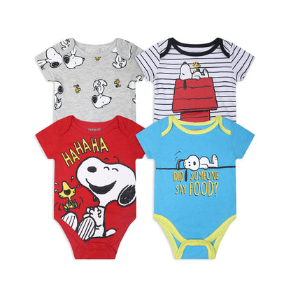 Peanuts Snoopy Boys’ 4 Pack Short Sleeve Bodysuit for Newborn and Infant – Red/White/Blue/Grey